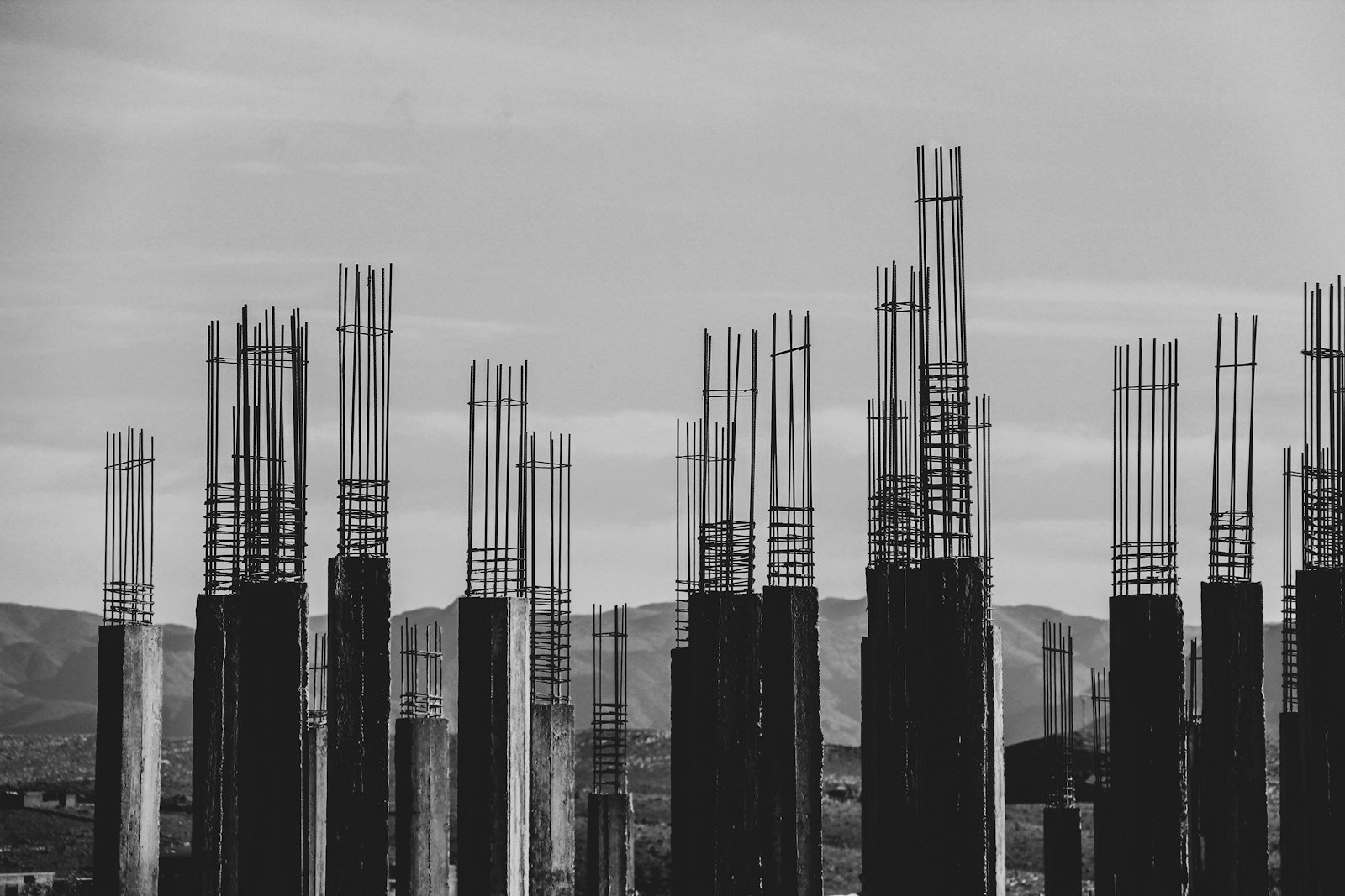 A row of concrete columns with exposed reinforcement, in monochrome