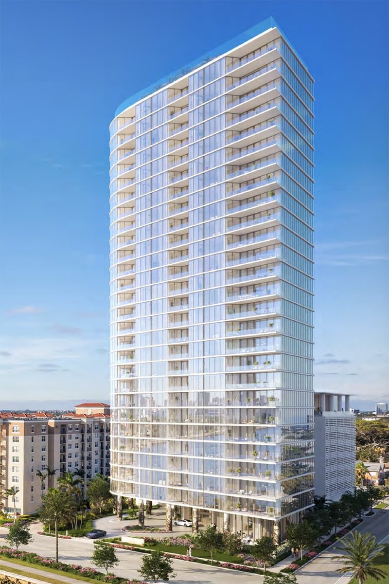 A rendering of a slender glass residential tower against a blue sky